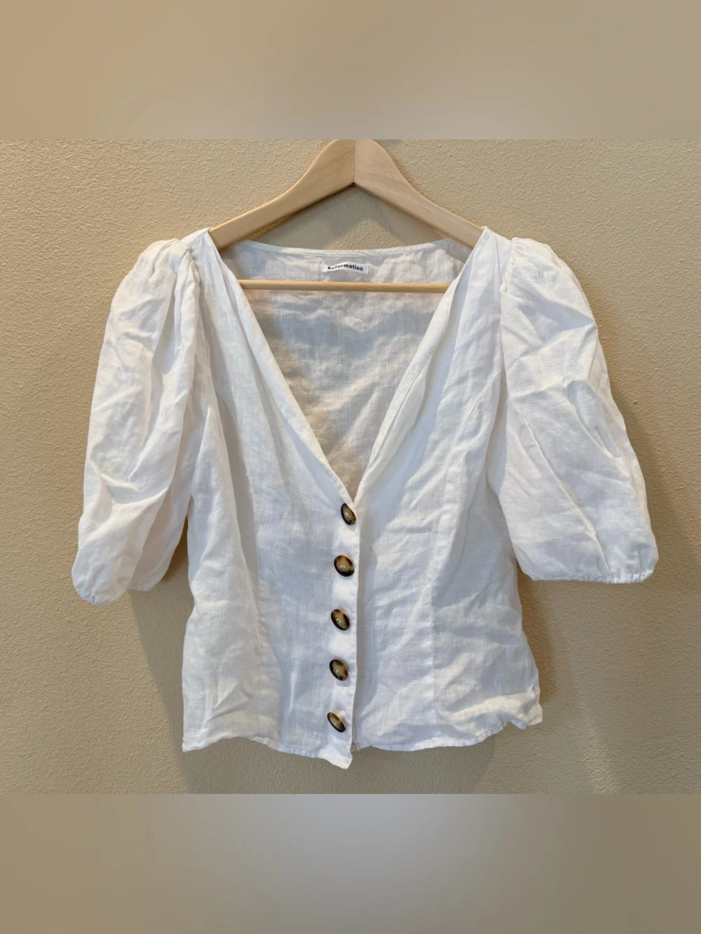 Reformation White Linen Puff-Sleeve Button Blouse